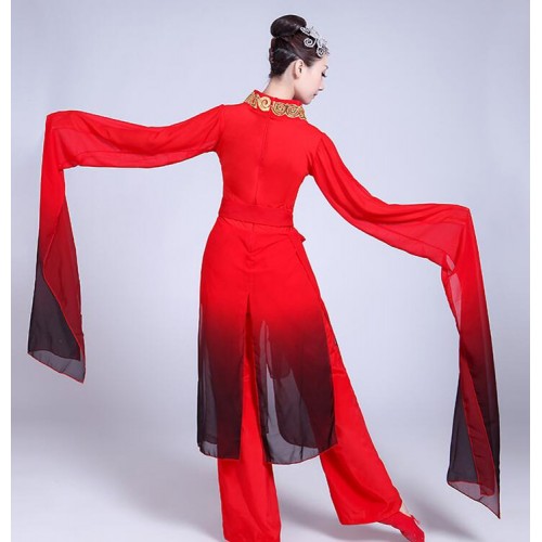Chinese folk dance dress for women red gradient classical long-sleeved fairy cosplay women's water fall sleeves yangko fan dance costumes 